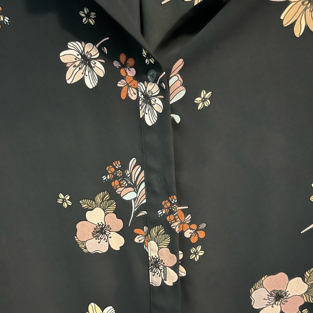 Sheer Front Button Black Floral Shirt